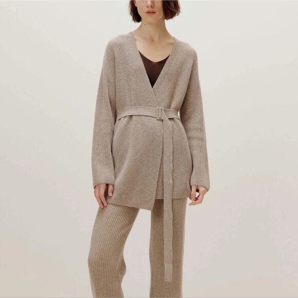 Neiwai Sweaters - Neiwai V-Neck Wool Cashmere Blend Belted Cardigan Stucco Loose Fit (S) NWT